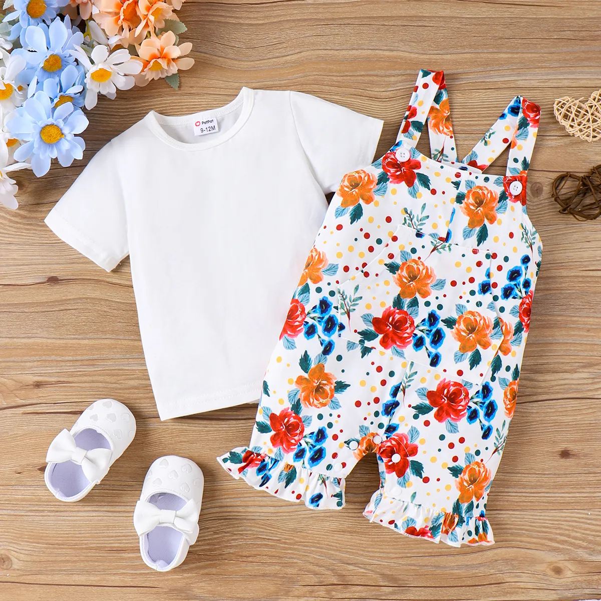 2pcs Baby Girl Allover Floral Print Front Pocket Ruffle Strappy Romper and Solid Short-sleeve Tee Set Multicolour-1 image 2