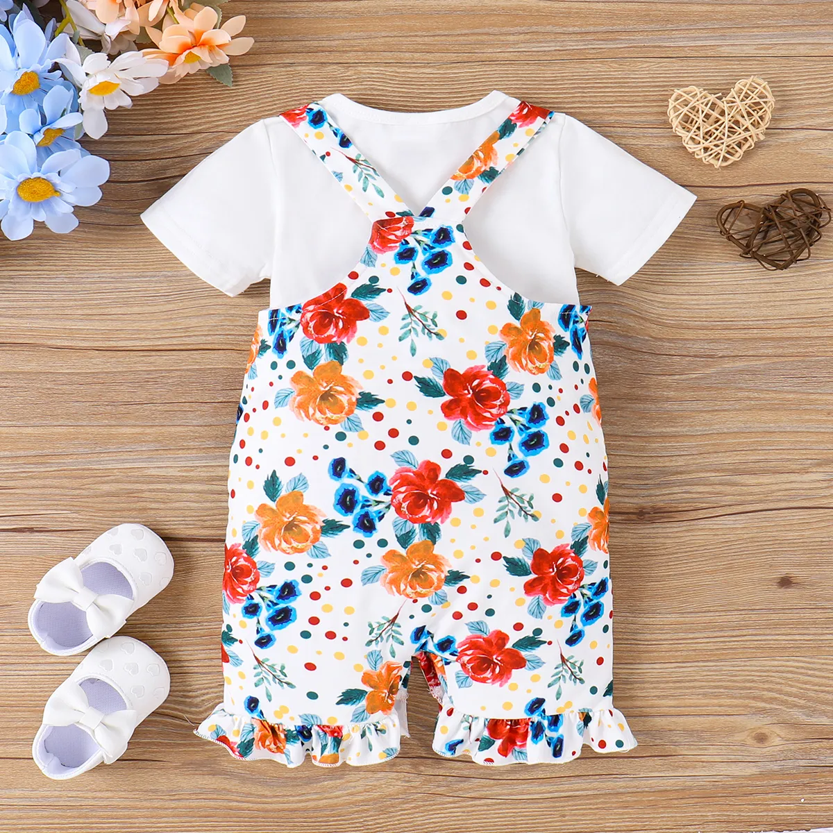 2pcs Baby Girl Allover Floral Print Front Pocket Ruffle Strappy Romper and Solid Short-sleeve Tee Set Multicolour-1 image 3