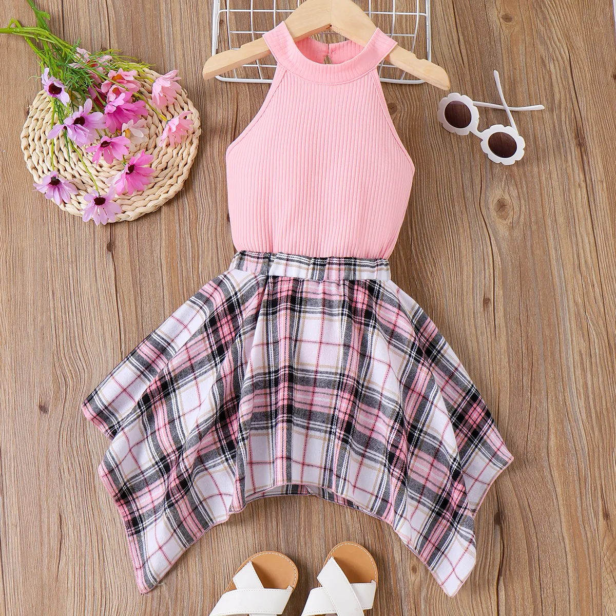 

2pcs Toddler Girl Cotton Rib-knit Halterneck Top and Asymmetrical Hem Plaid Skirt Set