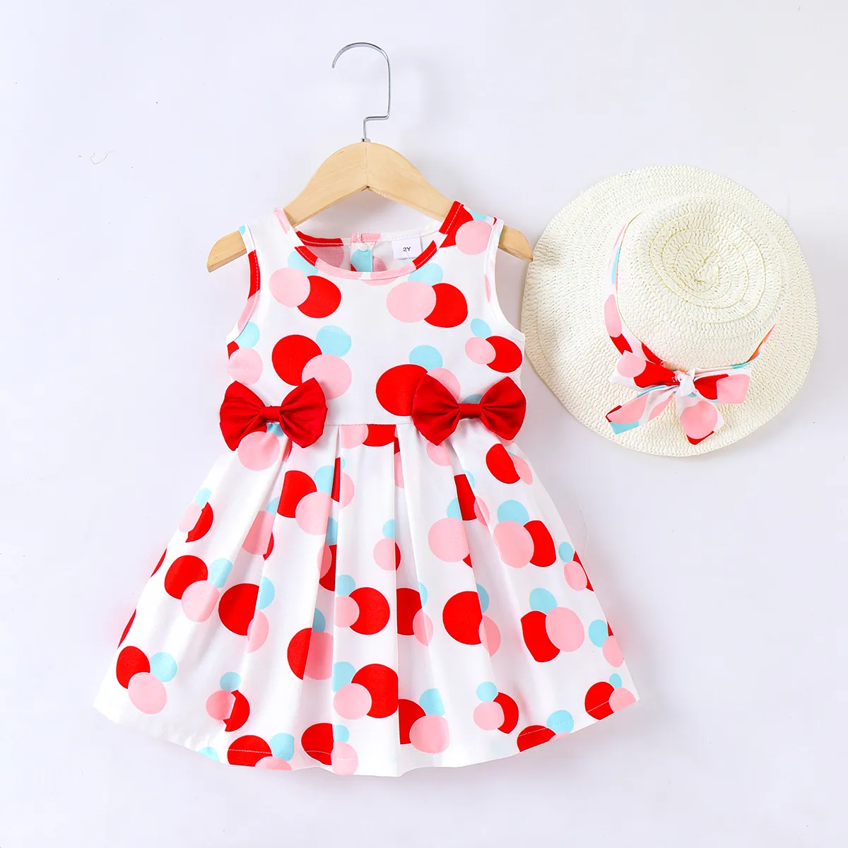 2pcs Toddler Girl Bow Front Polka Dots Tank Dress with Bow Decor Straw Hat Set