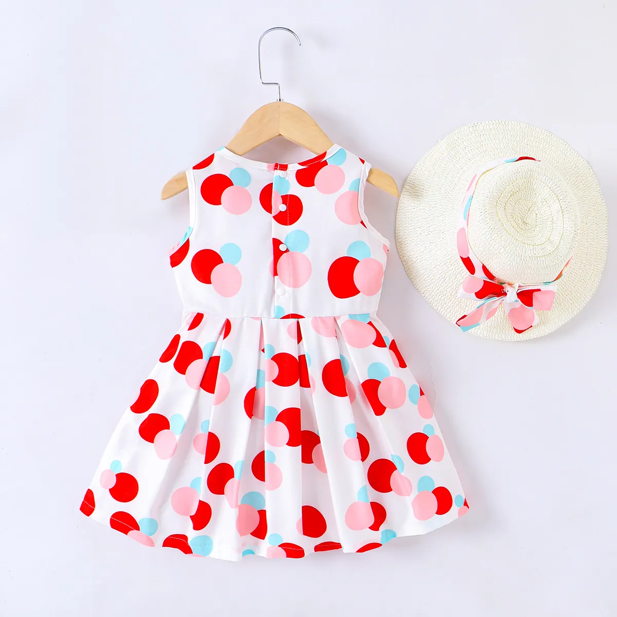 2pcs Toddler Girl Bow Front Polka Dots Tank Dress with Bow Decor Straw Hat Set  image 6