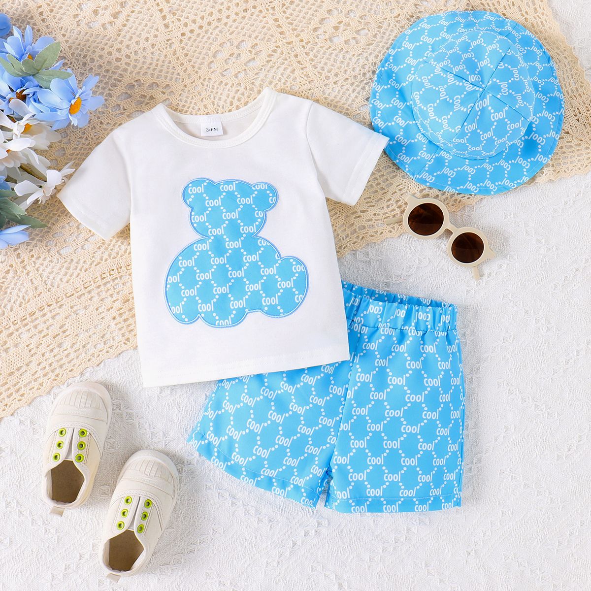 

3pcs Baby Boy Letter Bear Graphic Short-sleeve Tee & Shorts & Hat Set