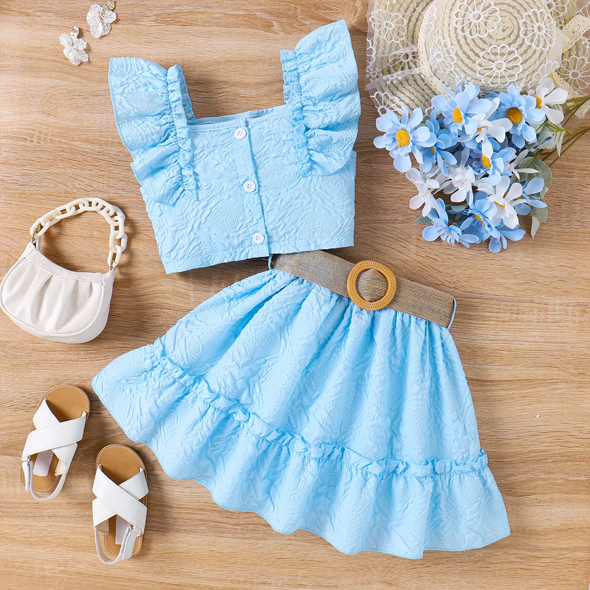 2pcs Kid Girl Floral Textured Square Collar Ruffled Top and Belted Skirt Set big image 1