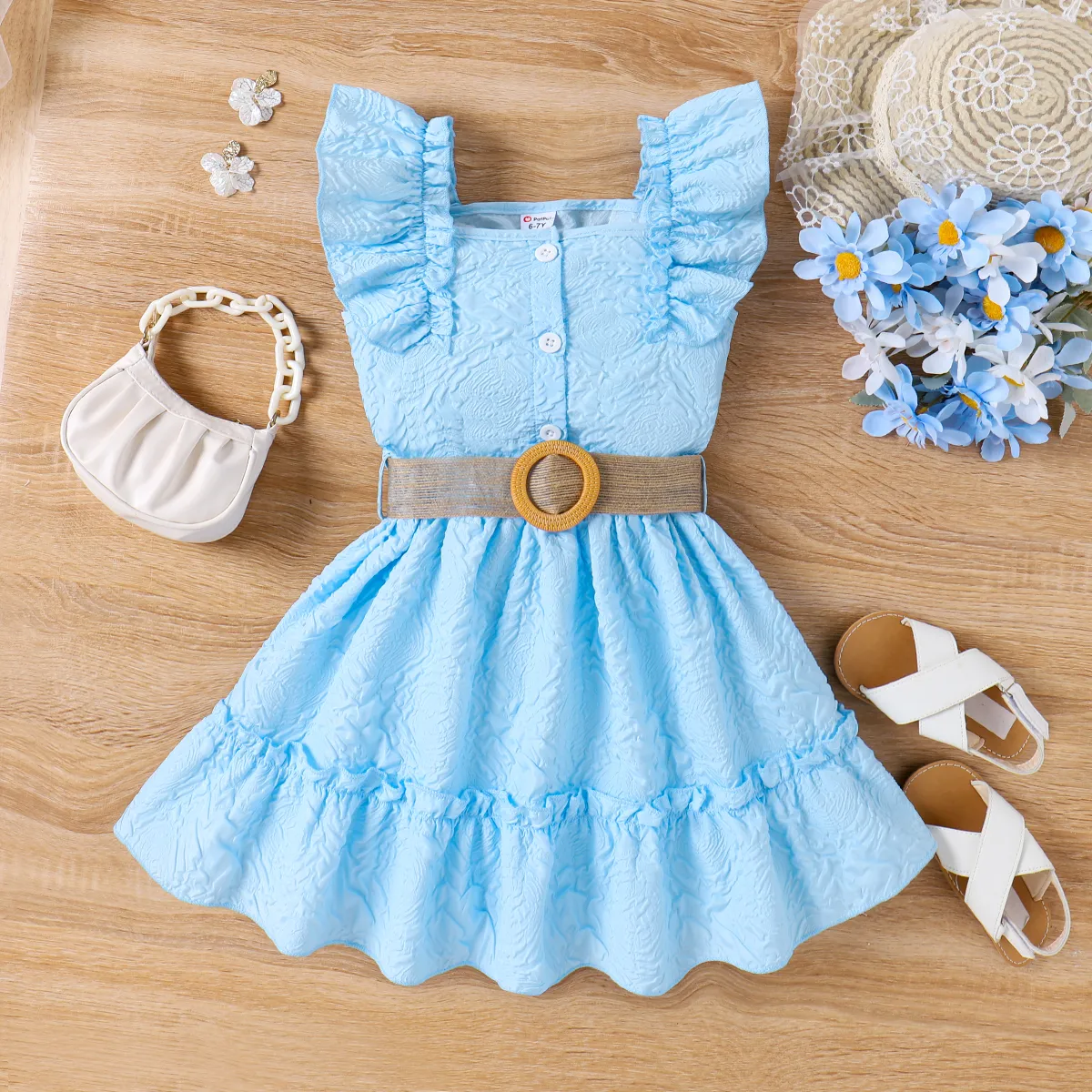2pcs Kid Girl Floral Textured Square Collar Ruffled Top and Belted Skirt Set  image 2