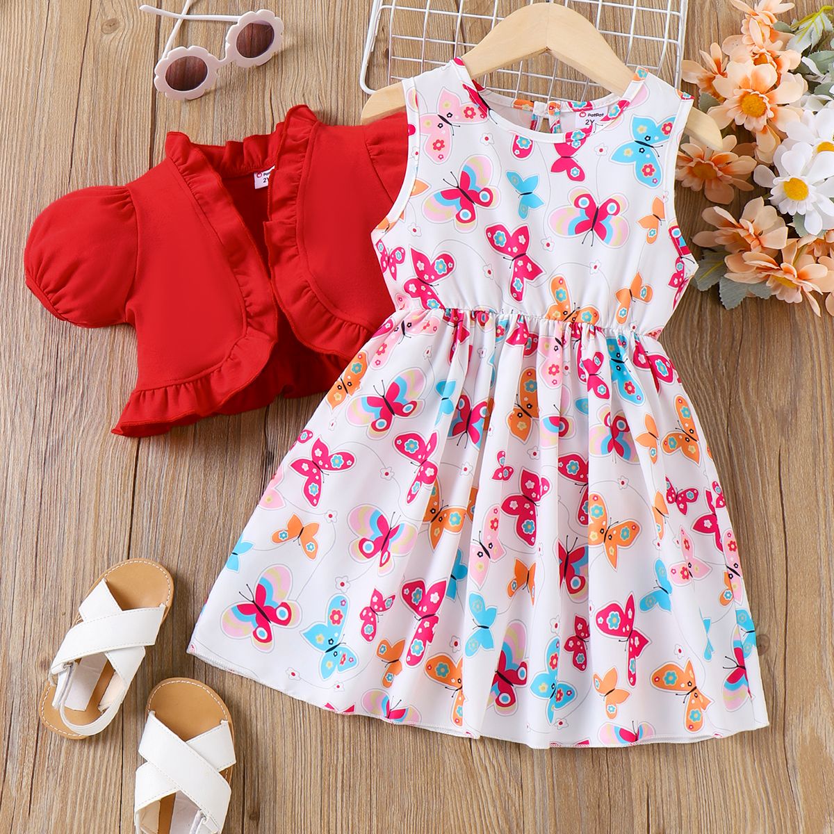

2pcs Toddler Girl Allover Butterfly Print Tank Dress and Ruffled Cardigan Set