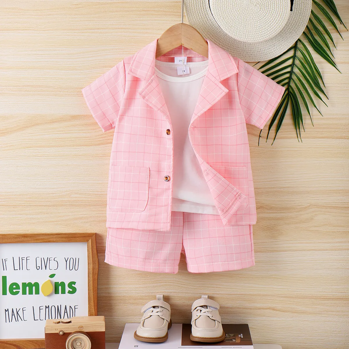 

3pcs Toddler Boy Pink Plaid Short-sleeve Shirt & Shorts & White Tank Top Set