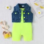 2pcs Baby Girl Solid Rib-knit Romper and Button Up Front Vest Denim Jacket Set  image 2