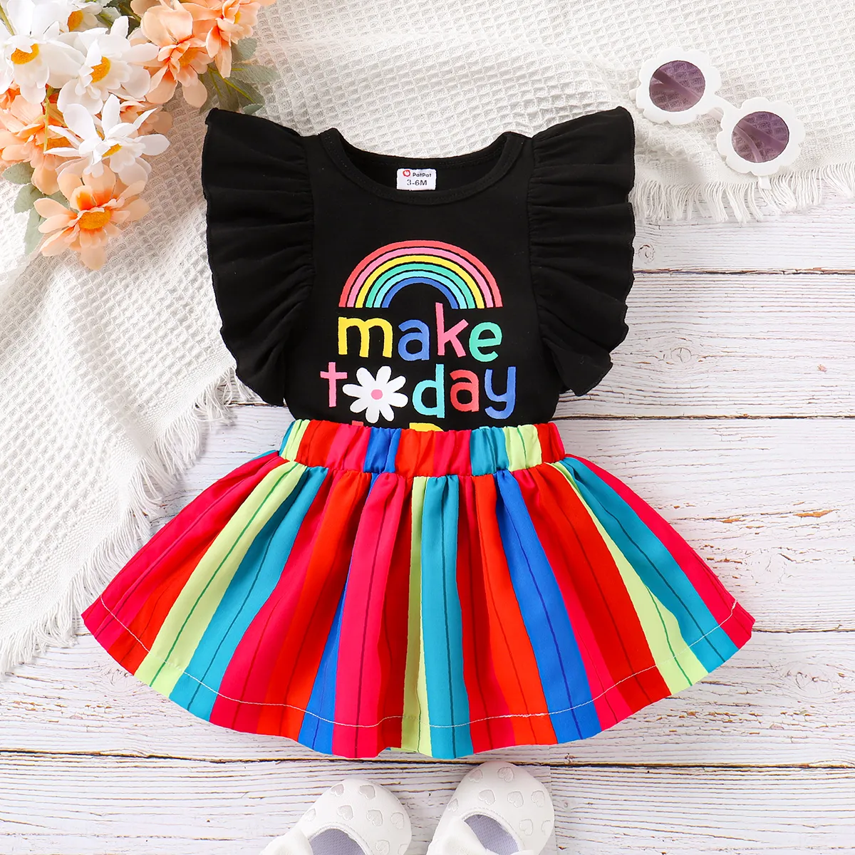 2pcs Baby Girl Rainbow Letter Print Ruffle-sleeve Top and Colorblock Skirt Set   big image 1