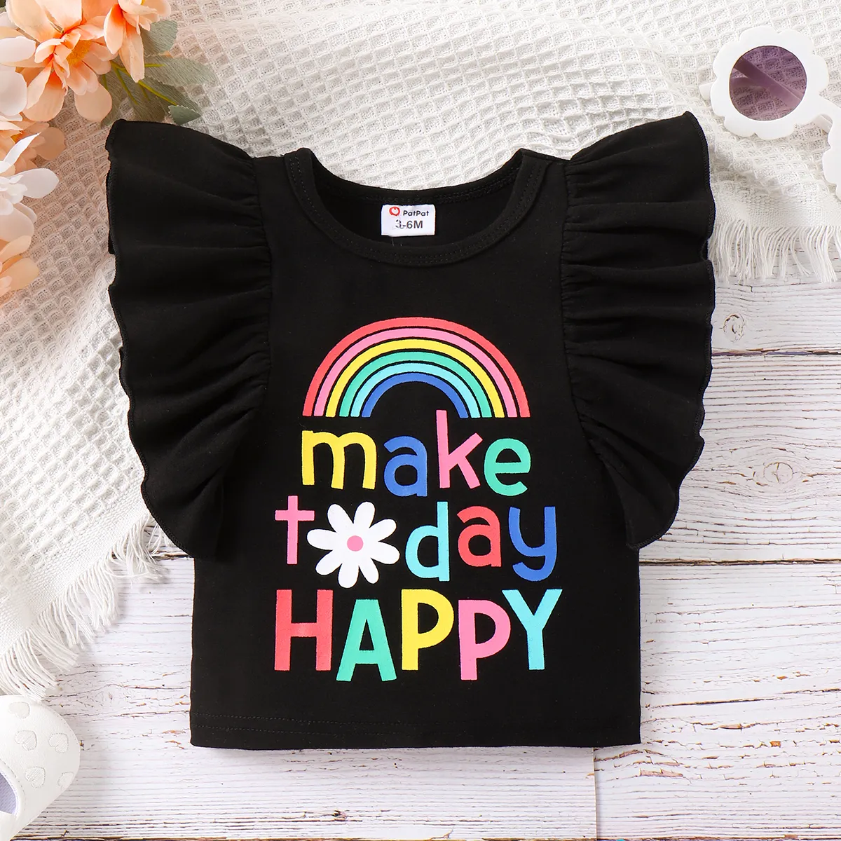 2pcs Baby Girl Rainbow Letter Print Ruffle-sleeve Top and Colorblock Skirt Set   image 4