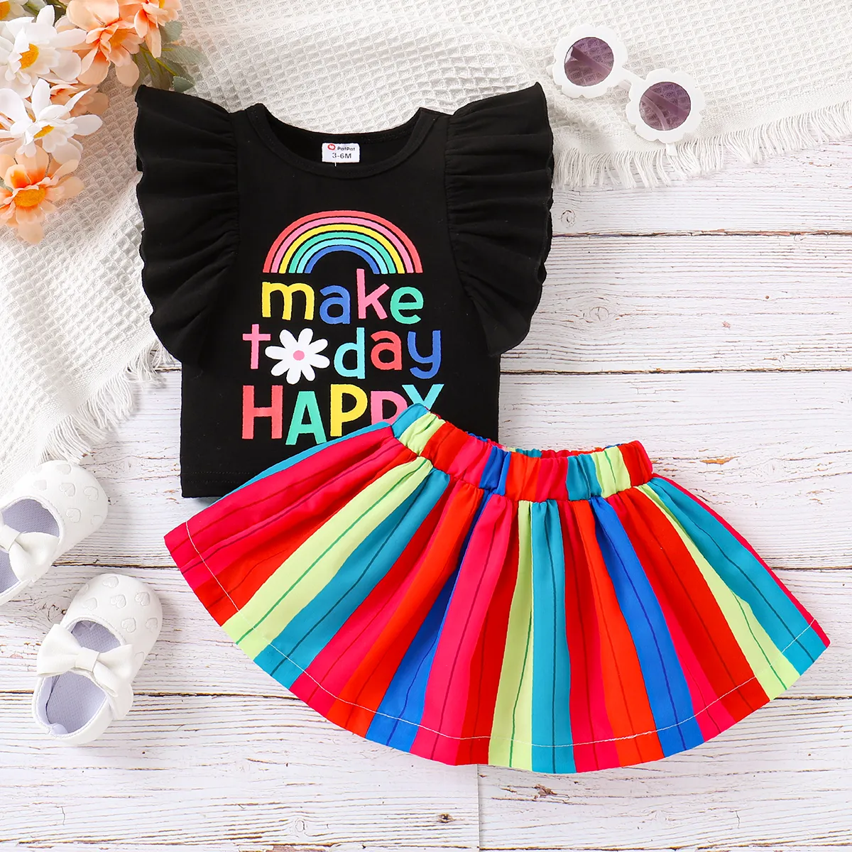 2pcs Baby Girl Rainbow Letter Print Ruffle-sleeve Top and Colorblock Skirt Set   image 2