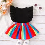 2pcs Baby Girl Rainbow Letter Print Ruffle-sleeve Top and Colorblock Skirt Set   image 3