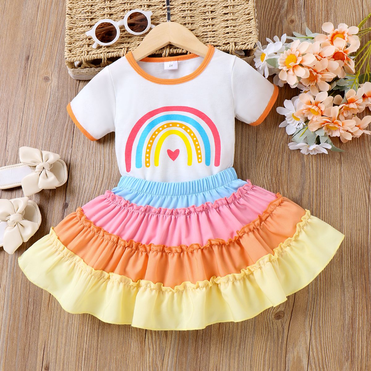 

2pcs Toddler Girl Rainbow Print Short-sleeve Top and Color Block Skirt Set