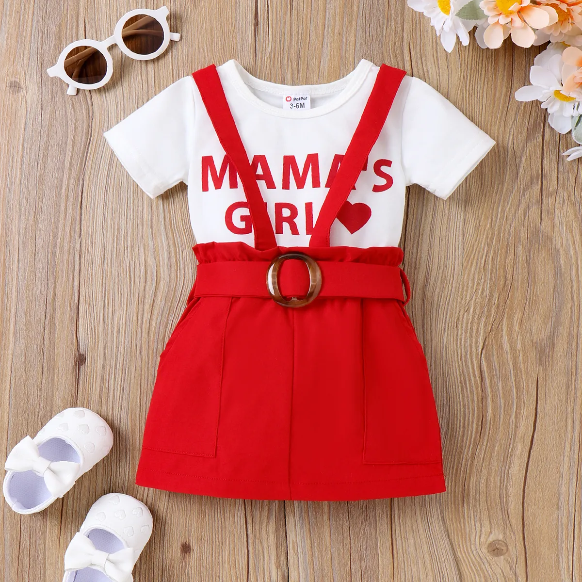 

2pcs Baby Girl Letters Heart Print Short-sleeve Tee and Belted Solid Strappy Skirt Set