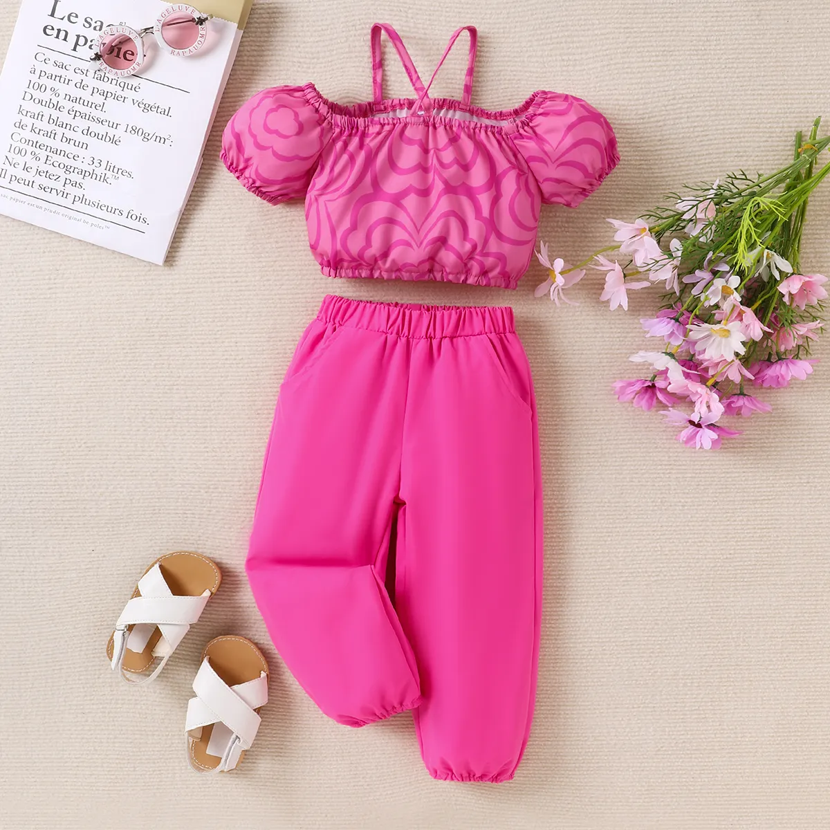 2pcs Toddler Girl Pink Geometry Pattern Off-Shoulder Top And Pants Set