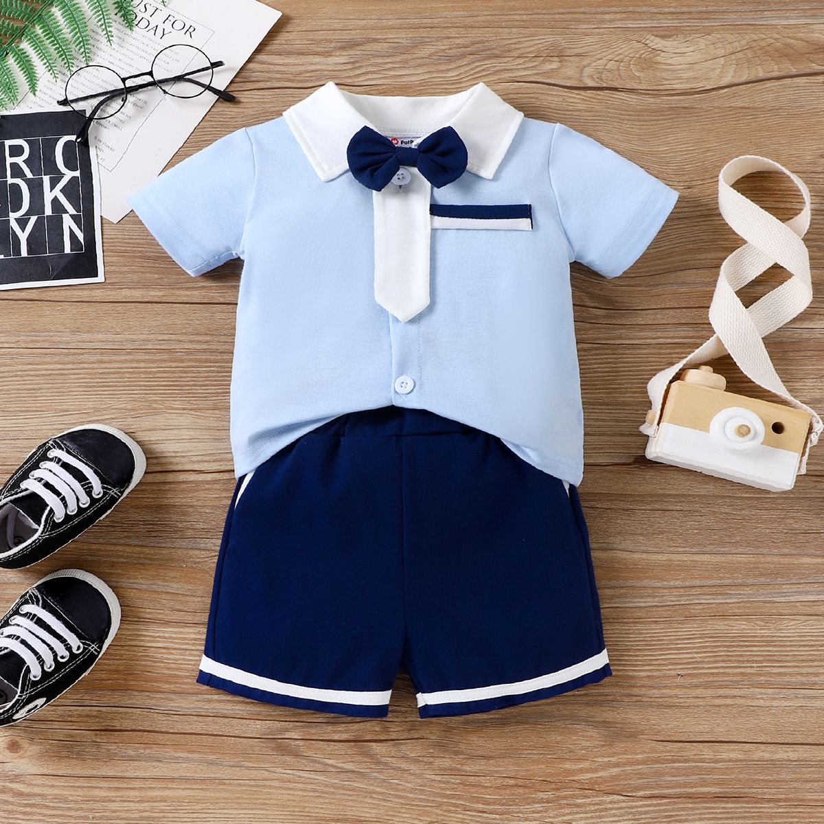 

3pcs Baby Boy bow Tie Lapel Collar Short-sleeve Top and Shorts Set