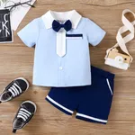 3pcs Baby Boy bow Tie Lapel Collar Short-sleeve Top and Shorts Set Blue image 5