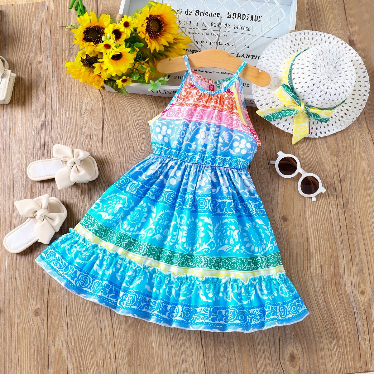 

2pcs Toddler Girl Boho Halter Neck Dress with Hat