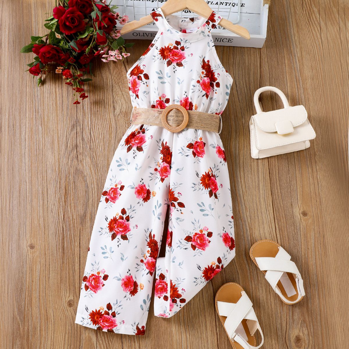 

Toddler Girl Allover Floral Print Belted Halter Neck Jumpsuit