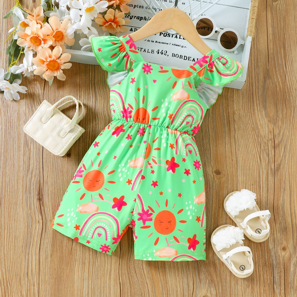 

Baby Girl Rainbow Sunshine Print Flutter-sleeve Romper