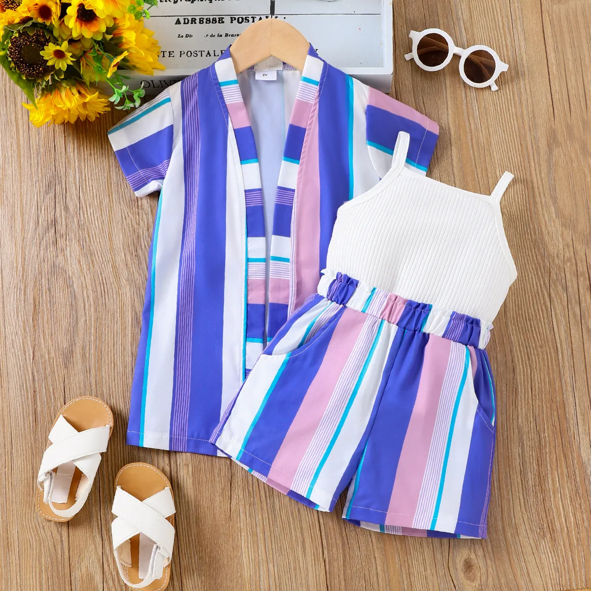

3pcs Toddler Girl Rib-knit Cami Top & Purple Stripe Shorts & Cardigan Set
