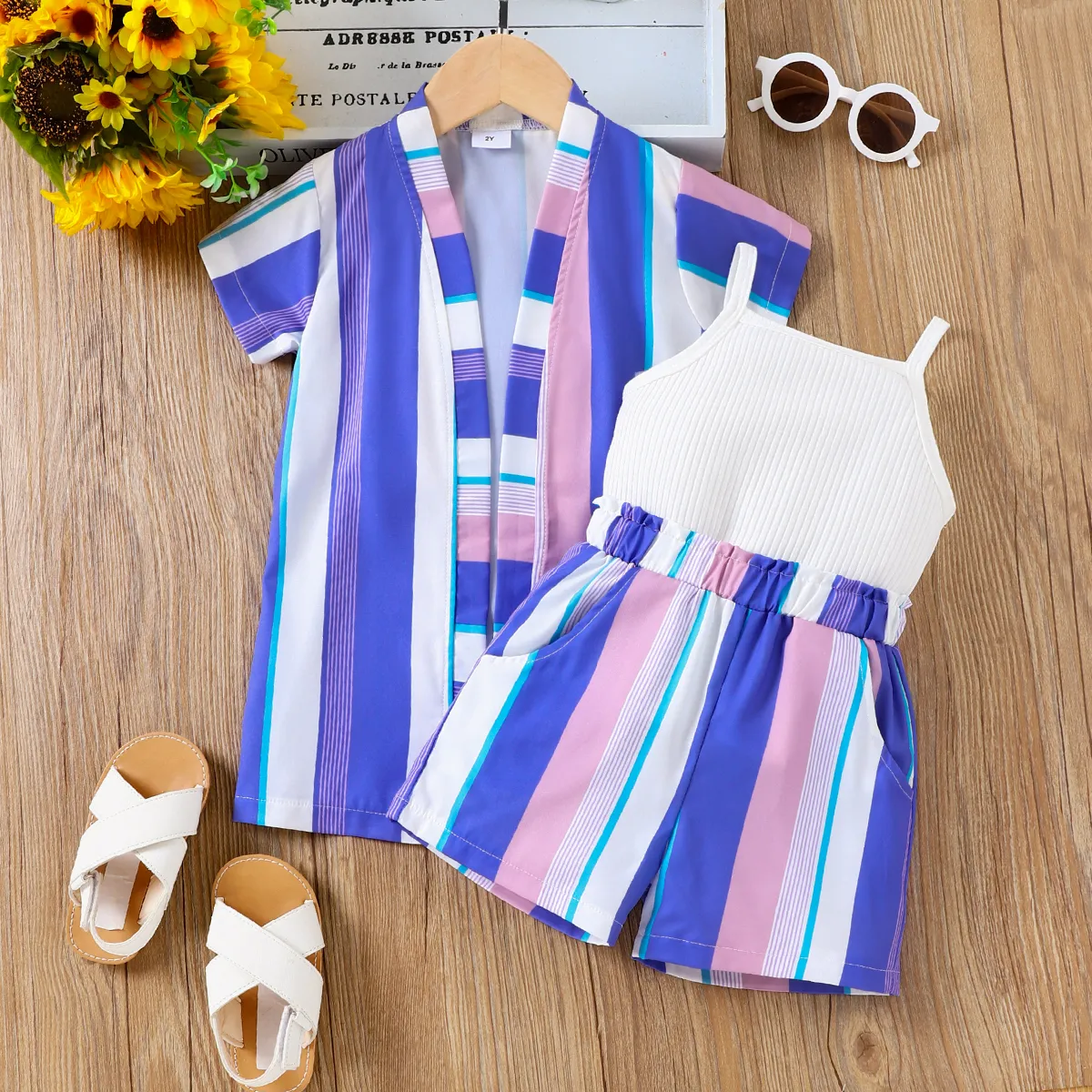 3pcs Toddler Girl Rib-knit Cami Top & Purple Stripe Shorts & Cardigan Set  Purple big image 1