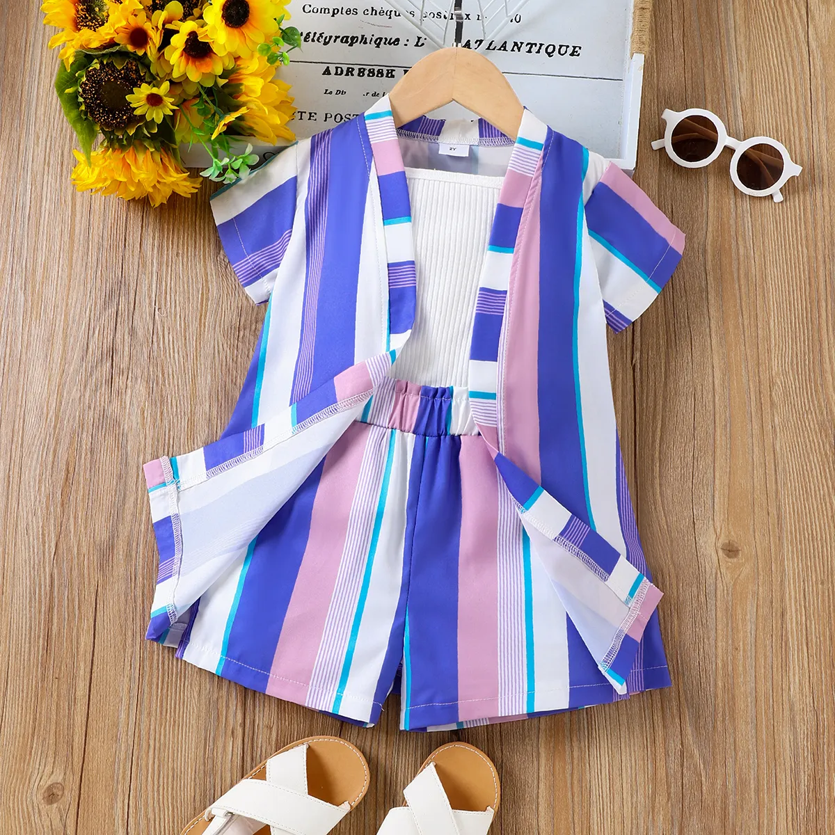 3pcs Toddler Girl Rib-knit Cami Top & Purple Stripe Shorts & Cardigan Set  Purple image 5