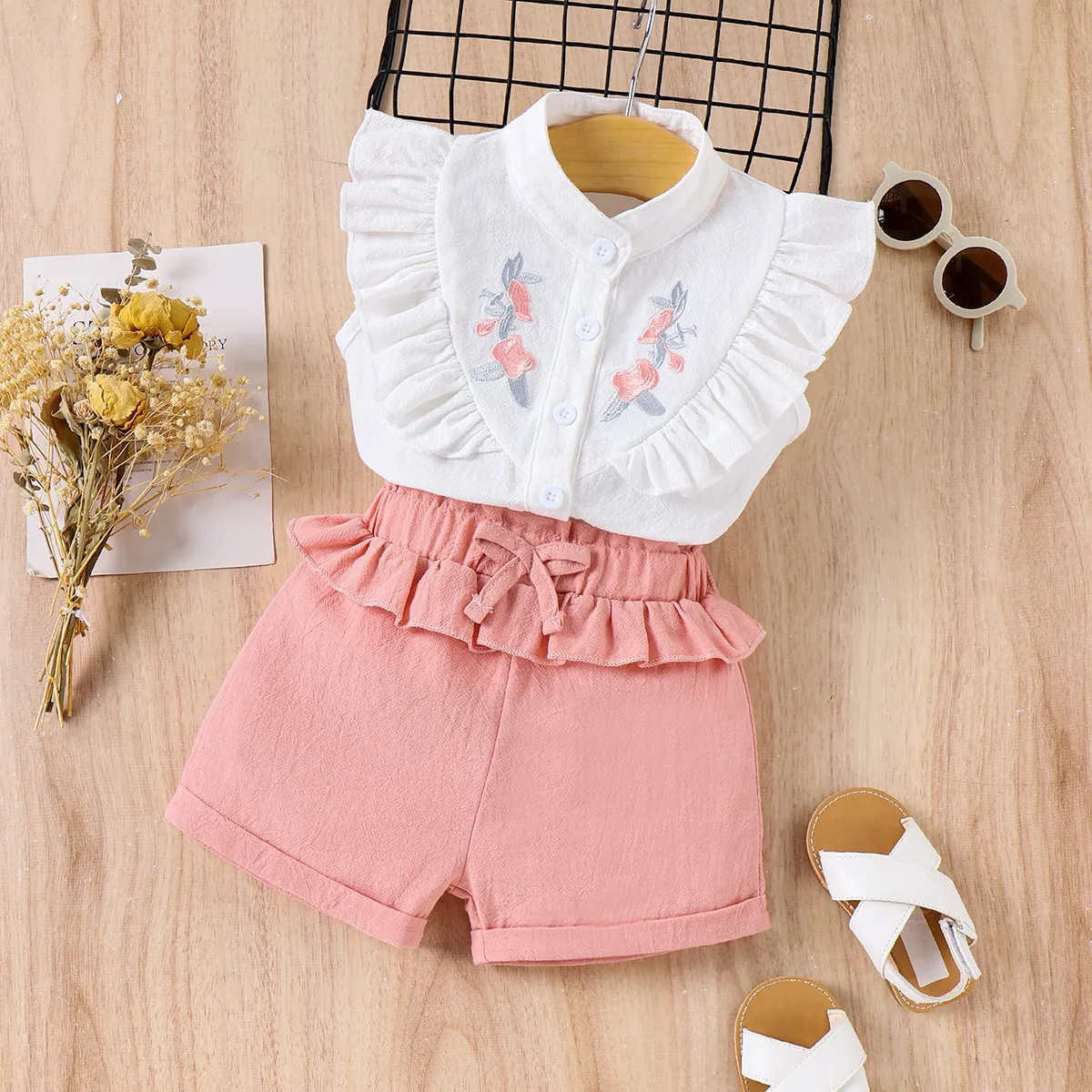 100% Cotton 2pcs Floral Embroidered Baby Set White big image 1