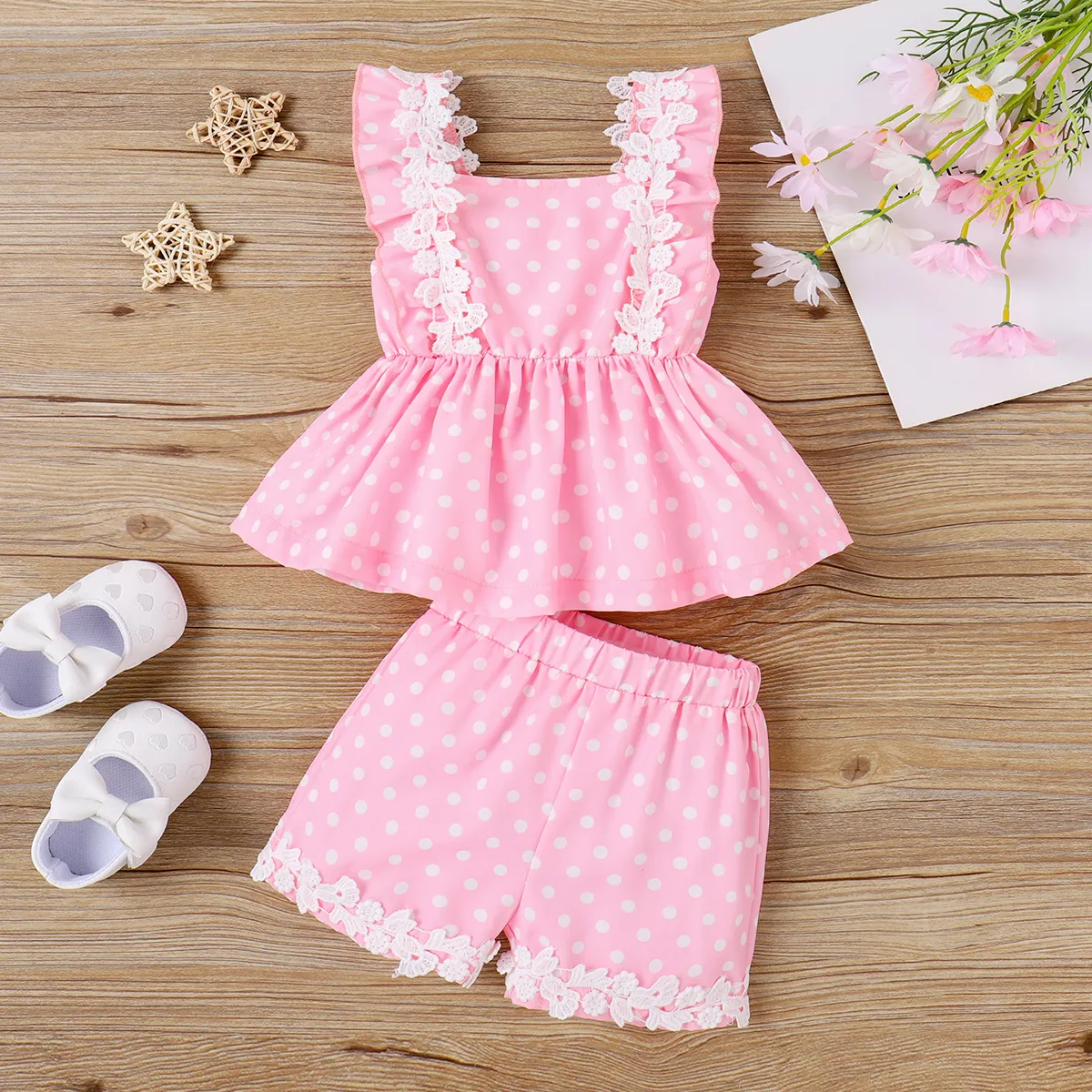 2pcs Baby Girl Lace Polka Dots Ruffle Top and Shorts Set  big image 1