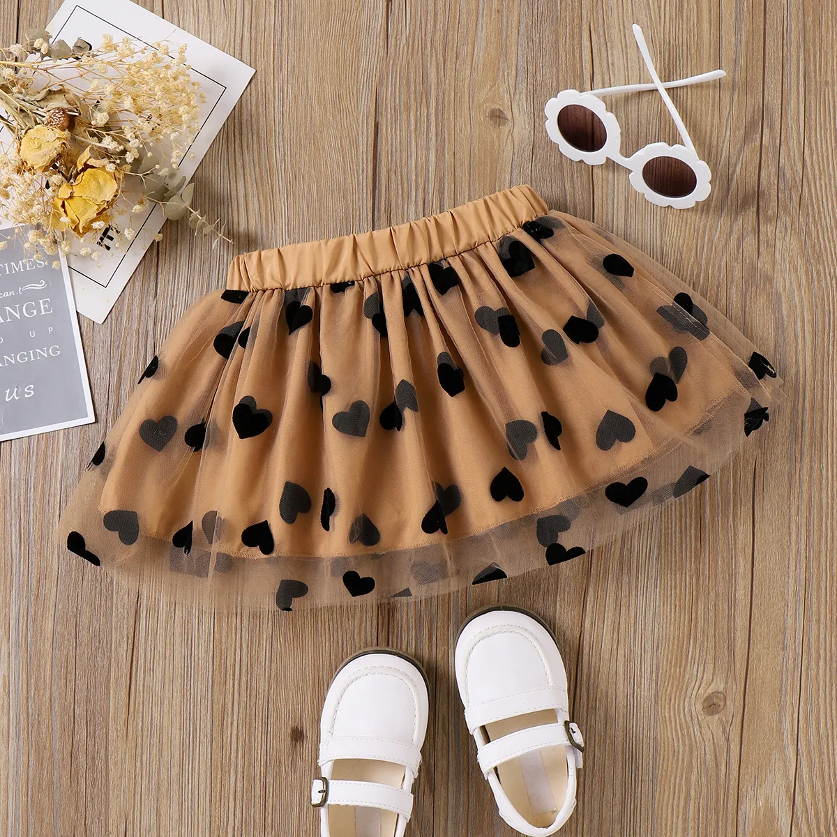 Toddler Girl Heart Pattern Mesh Overlay Skirt 