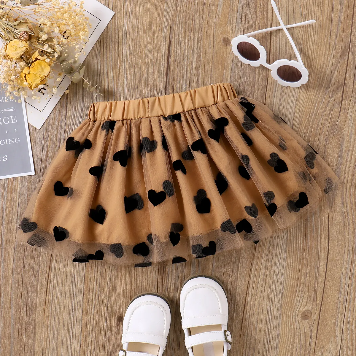 Toddler Girl Heart Pattern Mesh Overlay Skirt   image 2