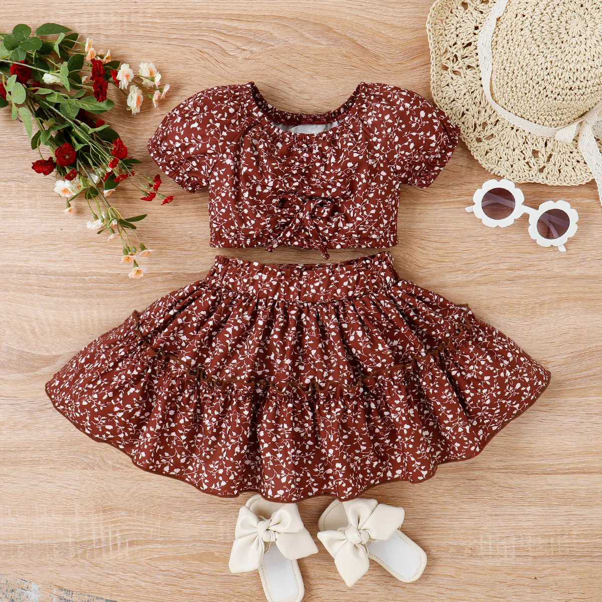 2pcs Toddler Girl Trendy Floral Print Tee and Layered Skirt Set Red big image 1