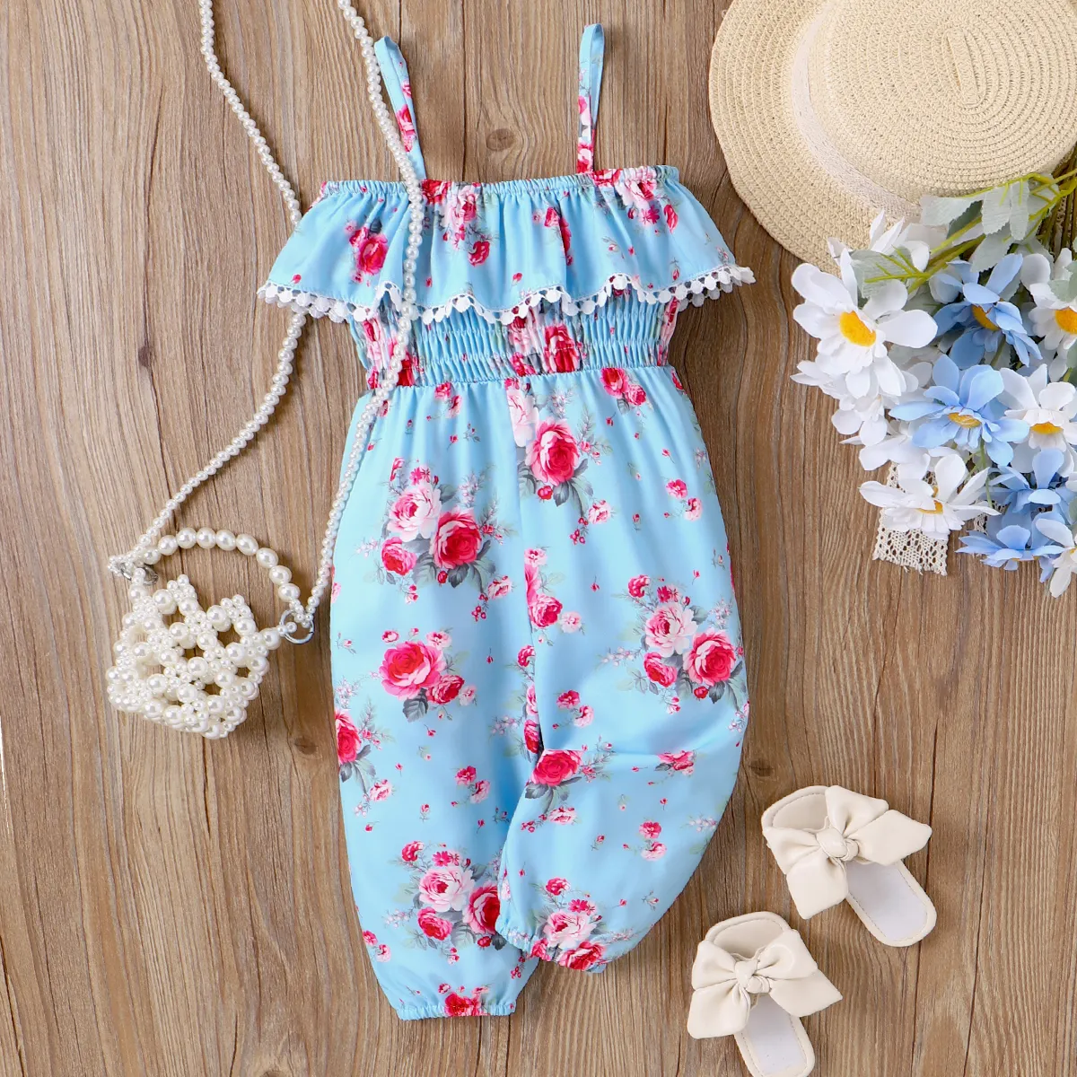 Toddler Girl Allover Floral Print Ruffled Smocked Cami Jumpsuit   Blue big image 1