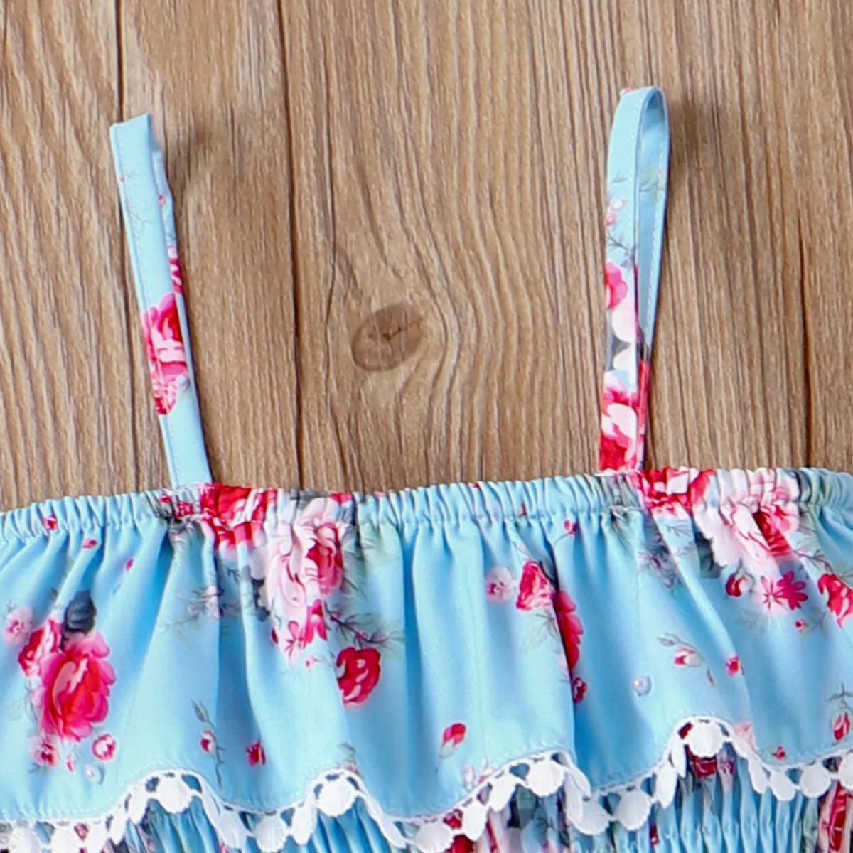 Toddler Girl Allover Floral Print Ruffled Smocked Cami Jumpsuit   Blue image 4