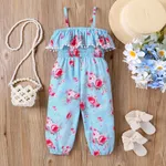 Toddler Girl Allover Floral Print Ruffled Smocked Cami Jumpsuit   Blue image 2