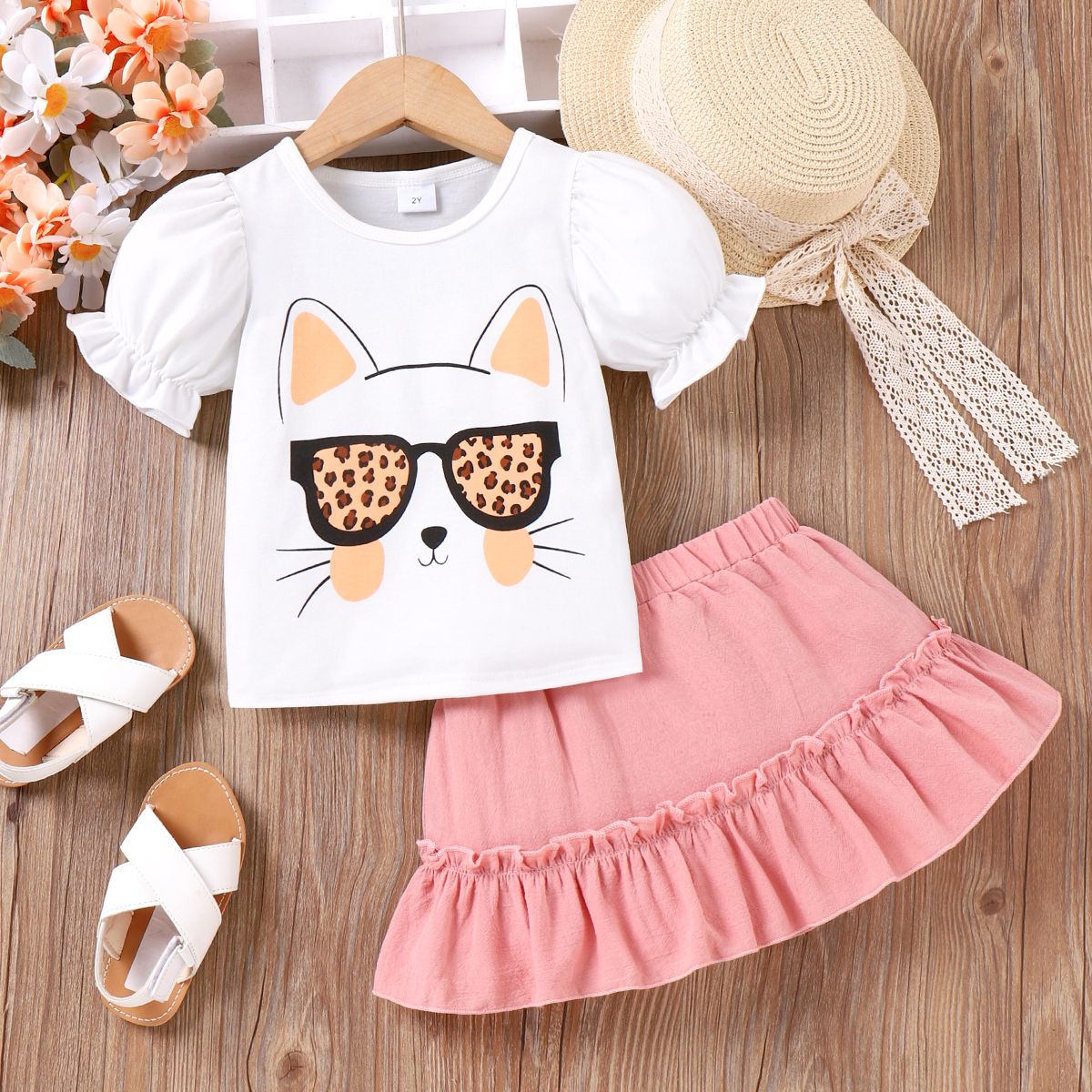 2pcs Toddler Girl Cat Pattern Puff-sleeve Top Et Ruffle Solid Skirt Set