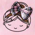 2pcs Toddler Girl 95% Cotton Bow Decor Girl Print Ribbed Ruffle Top and Pockets Plaid Shorts Set Pink image 3