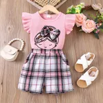 2pcs Toddler Girl 95% Cotton Bow Decor Girl Print Ribbed Ruffle Top and Pockets Plaid Shorts Set Pink image 5