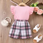 2pcs Toddler Girl 95% Cotton Bow Decor Girl Print Ribbed Ruffle Top and Pockets Plaid Shorts Set Pink image 6