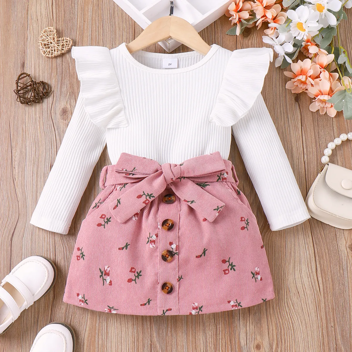 2pcs Toddler Girl 95% Cotton Ruffle Ribbed Solid Long-sleeve Tee and Allover Floral Print Belted Skirt Set