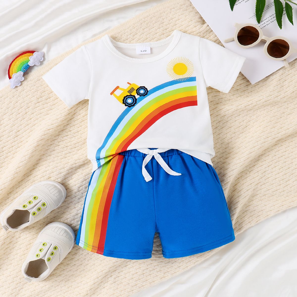 2pcs Baby Boy Rainbow Print Short-sleeve Tee And Drawstring Shorts Set