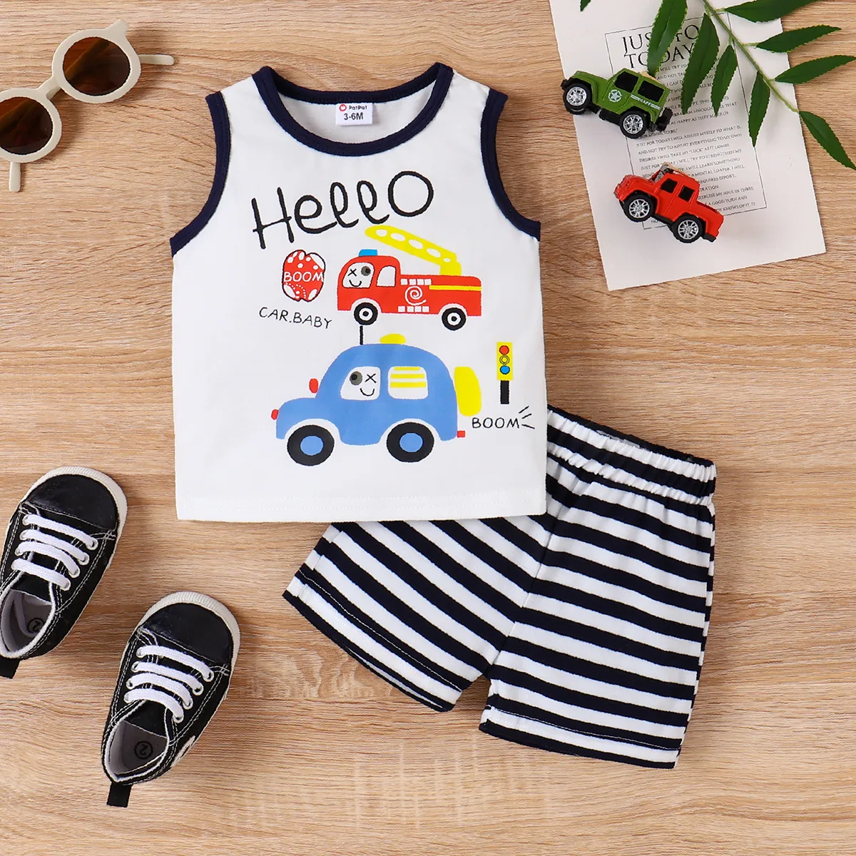 

2pcs Baby Boy Vehicle Letters Print Sleeveless Top and Stripe Ruffle Shorts Set