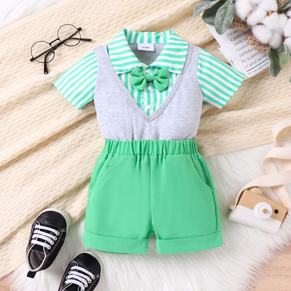 

2pcs Baby Boy Bow Tie Decor Striped 2 In 1 Shirt and Shorts Set