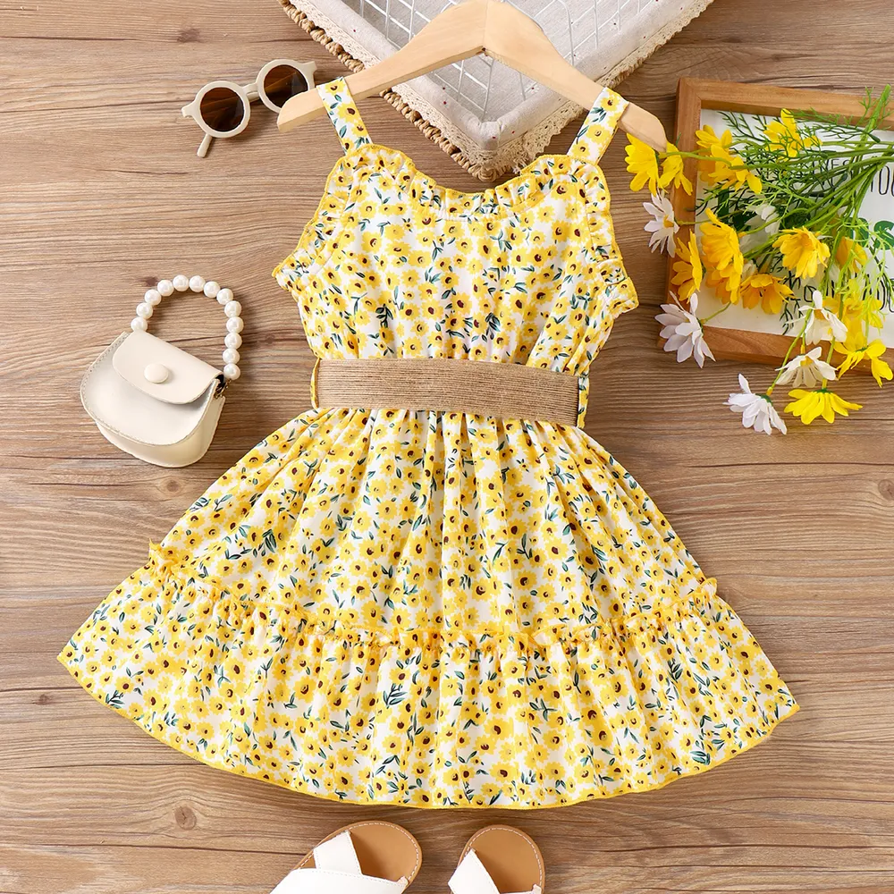 Toddler Girl Allover Floral Print Ruffle Belted Strappy Dress big image 5
