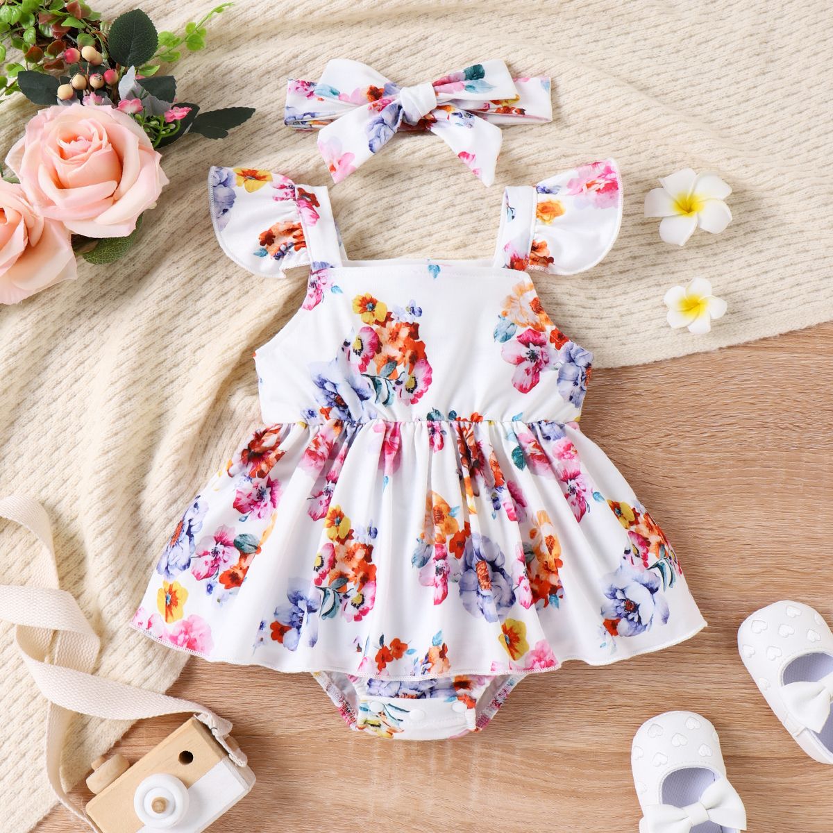 2pcs Baby Girl Allover Floral Print Flutter-sleeve Bodysuit with Headband