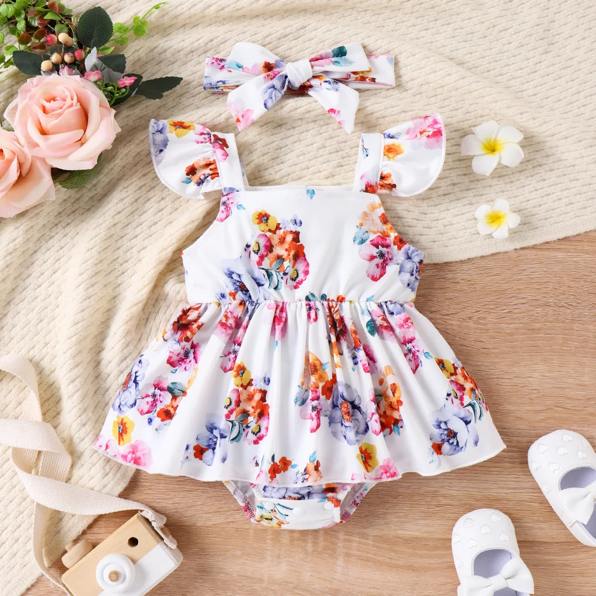2pcs Baby Girl Allover Floral Print Flutter-sleeve Bodysuit with Headband   big image 1