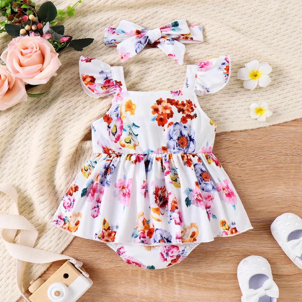 2pcs Baby Girl Allover Floral Print Flutter-sleeve Bodysuit with Headband   image 2