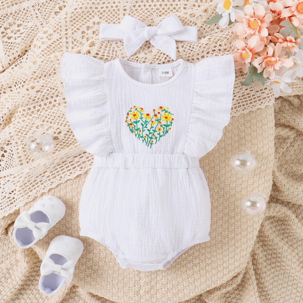 2pcs Baby Girl 100% Cotton Floral Embroidered Ruffle-sleeve Bodysuit and Headband Set