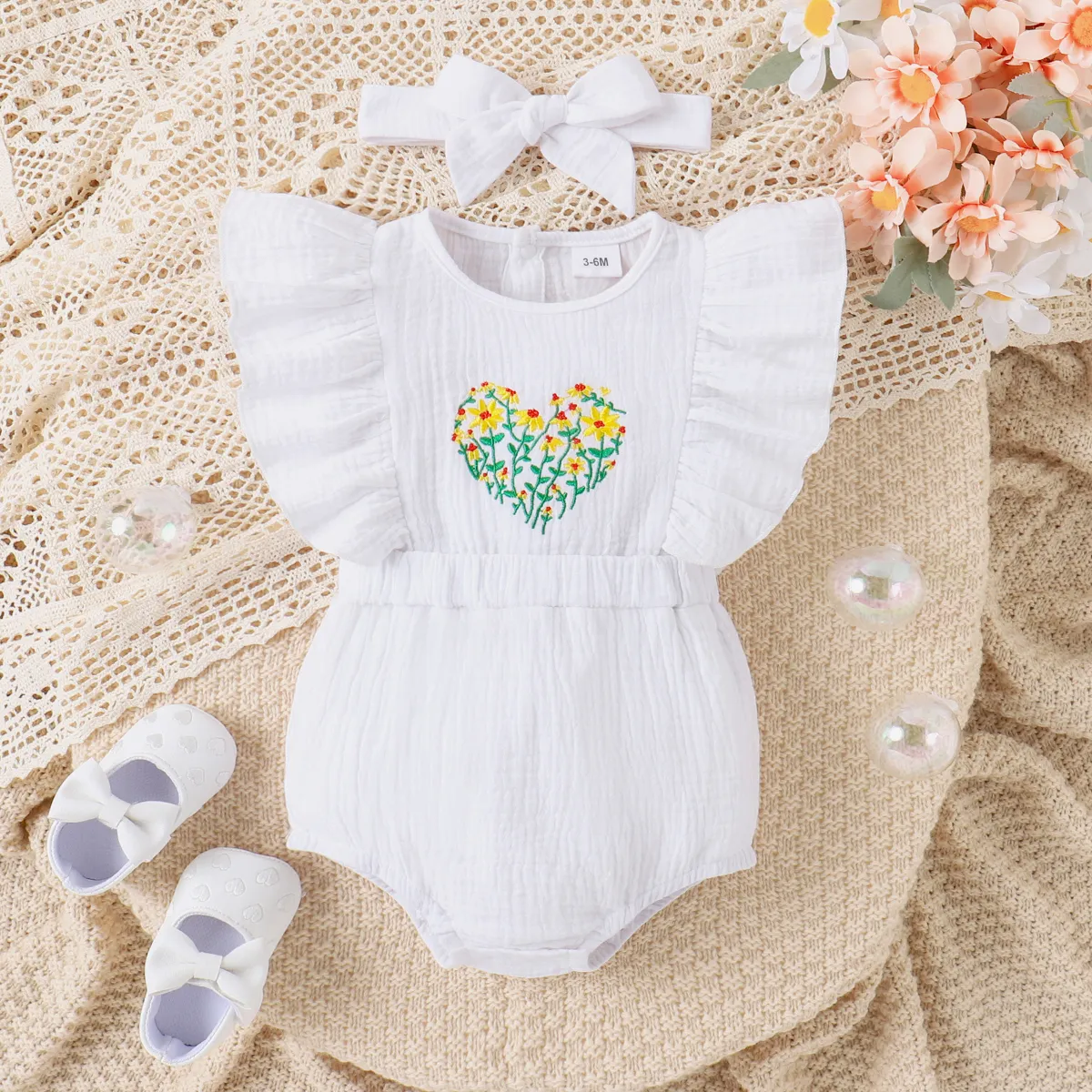 2pcs Baby Girl 100% Cotton Floral Embroidered Ruffle-sleeve Bodysuit and Headband Set   big image 1