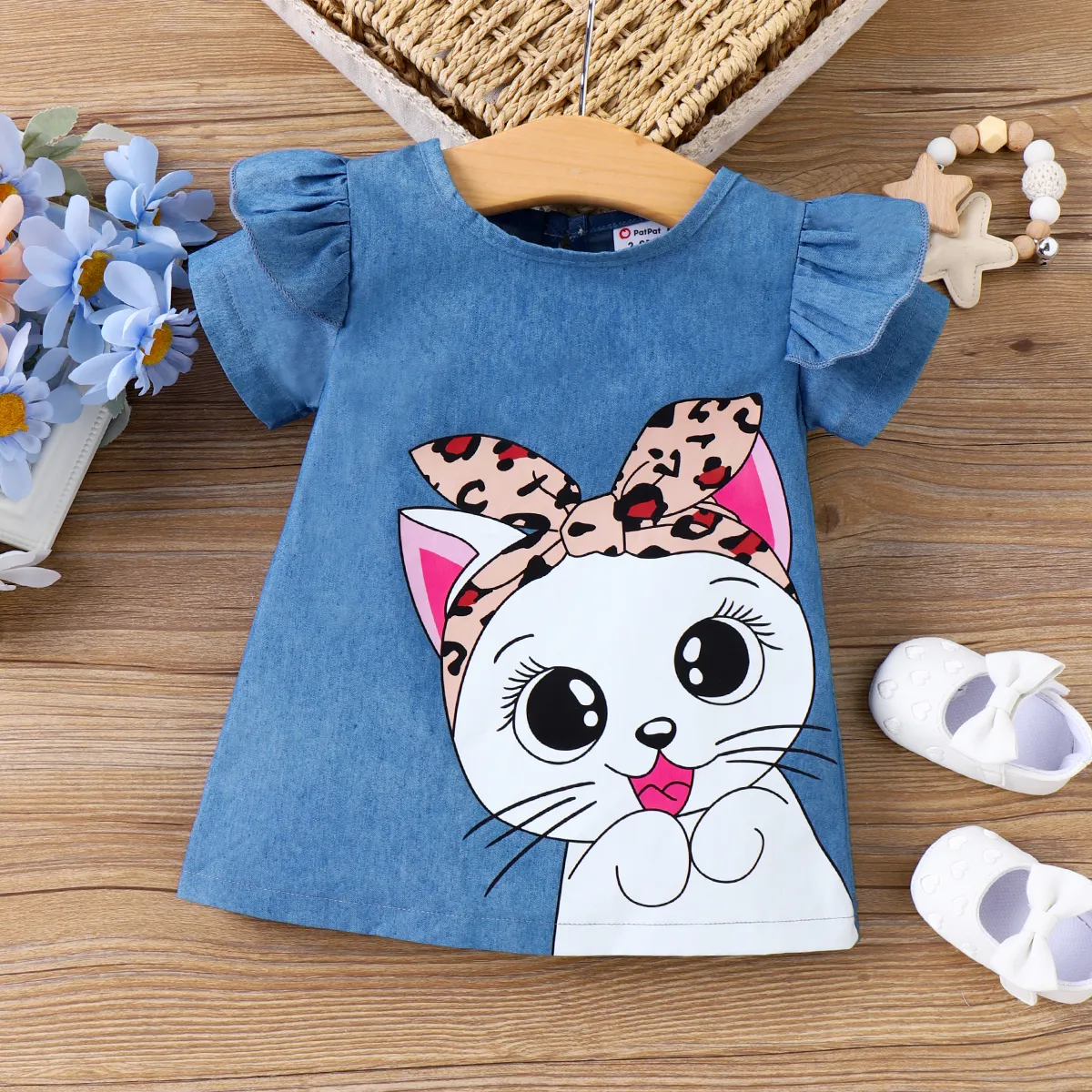 Baby Girl Cute Cat Print Ruffled Robe à Manches Courtes