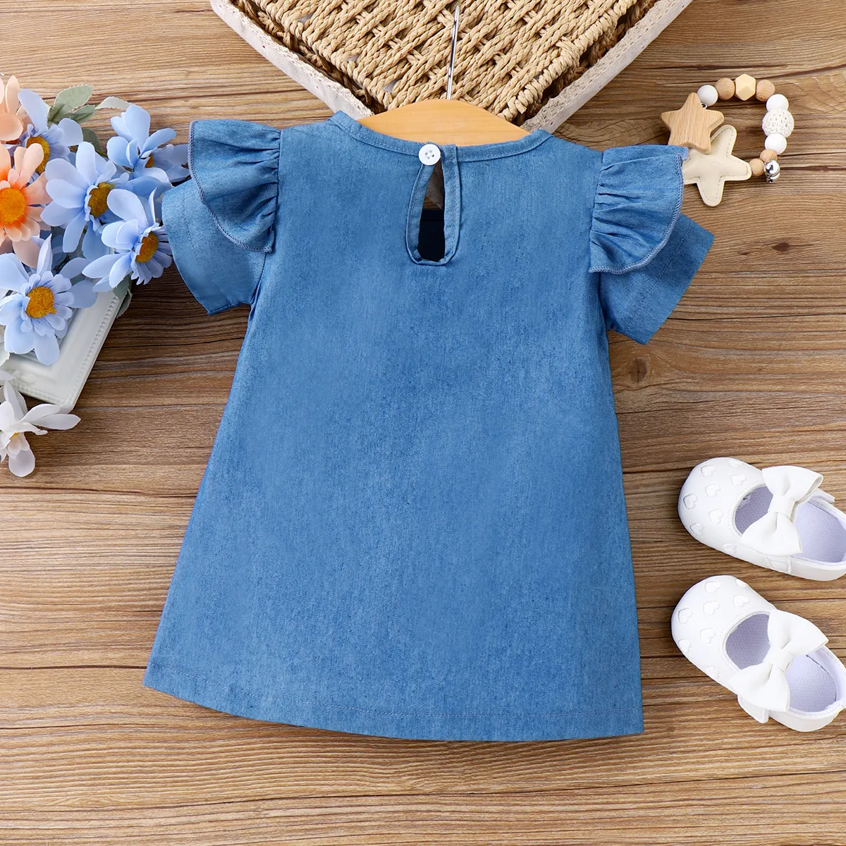 Baby Girl Cute Cat Print Ruffled Short-sleeve Dress  Blue image 2